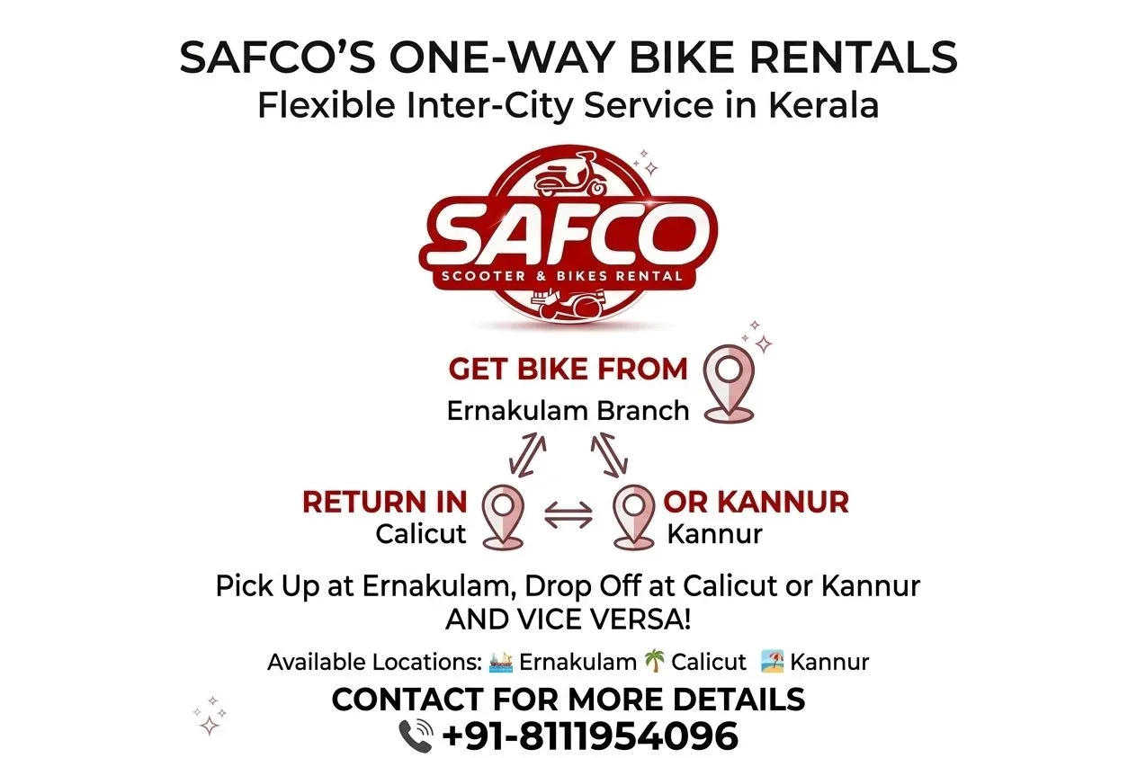 Safco's one-way bike rentals — flexible inter-city service in Kerala between Ernakulam, Calicut and Kannur